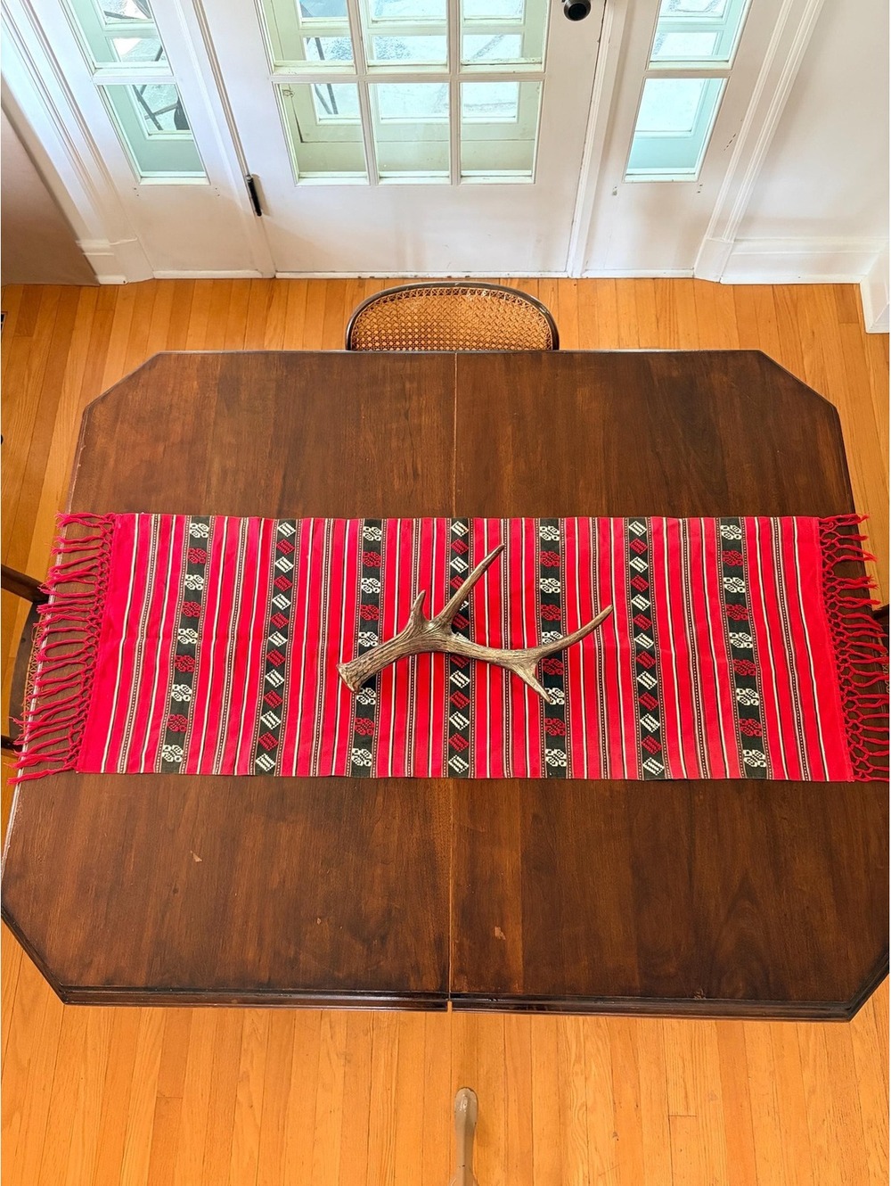 Vintage Handwoven Red Table Runner with Knotted Fringe 120 x 45 cm